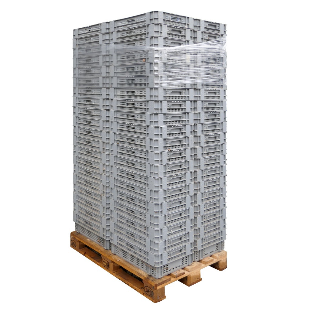 Palletaanbieding 56 gebruikte nestbare kunststof stapelbak, transportkrat geperforeerd 600x400x190mm (lxbxh) grijs