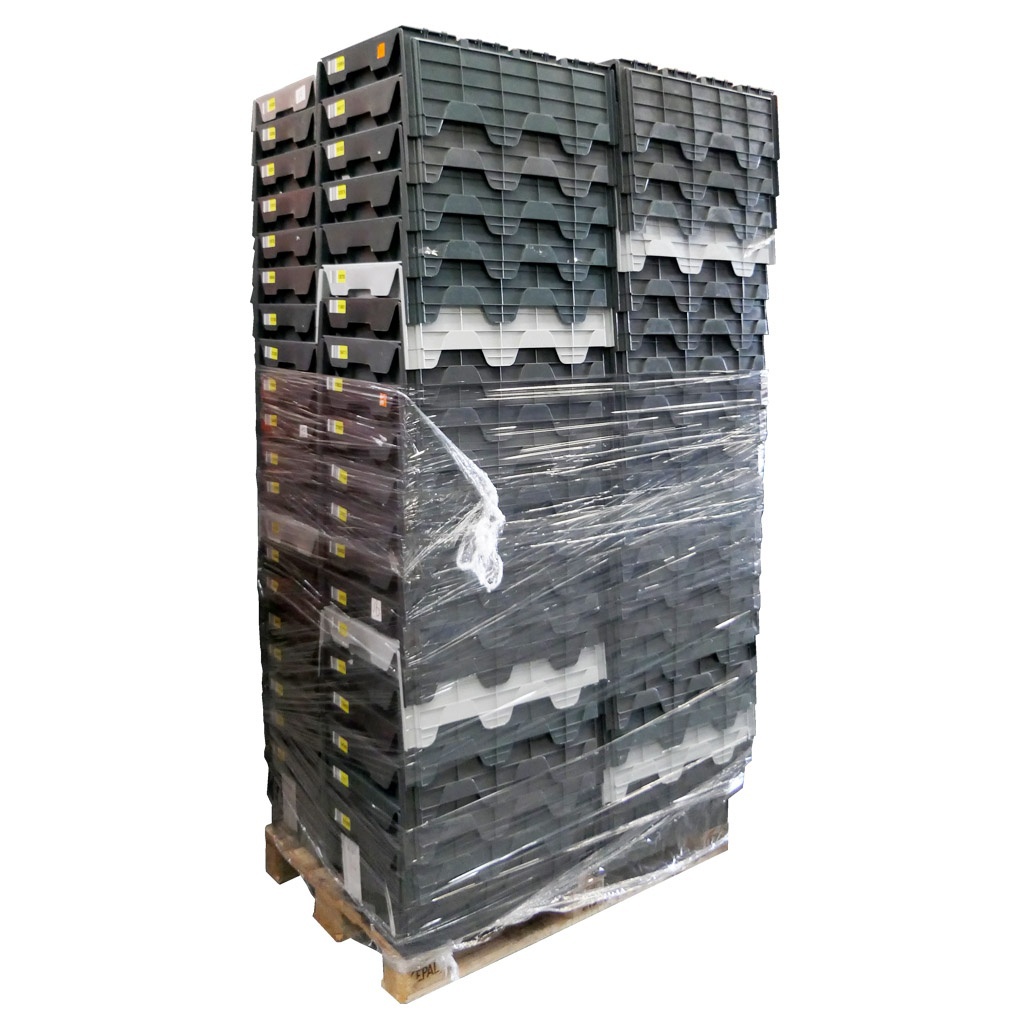 Palletaanbieding 80 gebruikte distributiebak, transportbak 600x400x300 mm (lxbxh) diverse kleuren