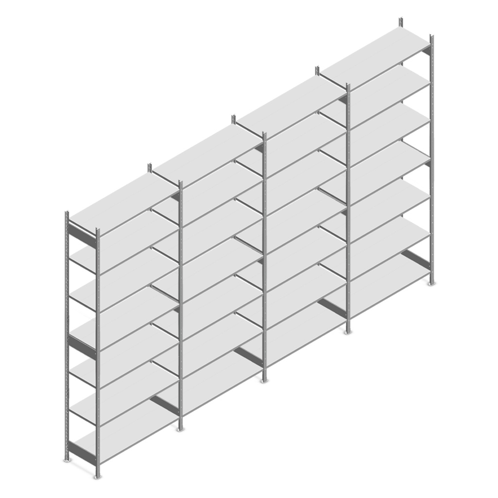 Voordeelrij deels gebruikte legbordstelling Heavy Duty 3250x5200x500mm (hxbxd) 4 secties 7 niveaus 150 kg