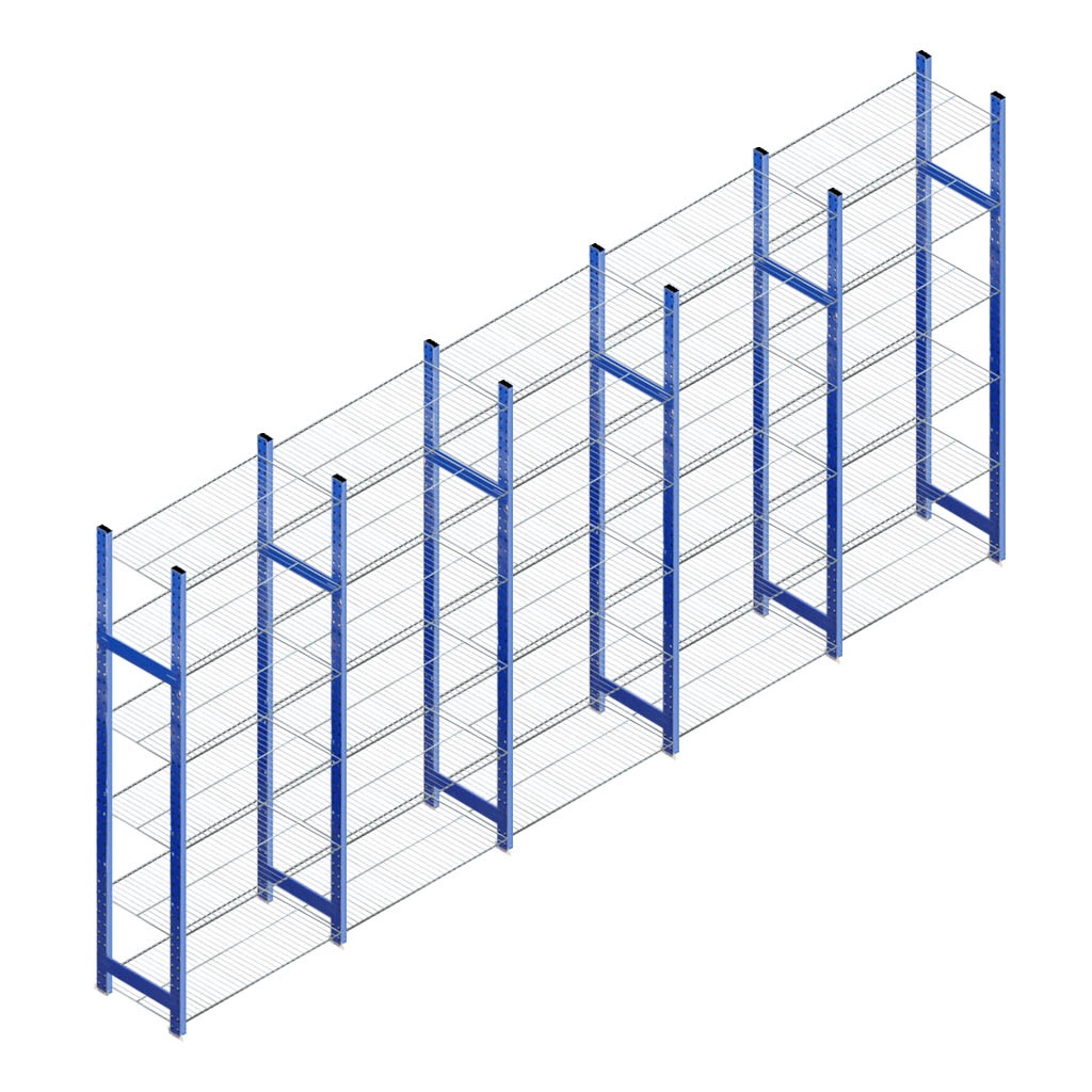 Voordeelrij gebruikte Bosal legbordstelling Blauw/verzinkt 2300x5000x500 6niveaus - 5 secties Gebruikt