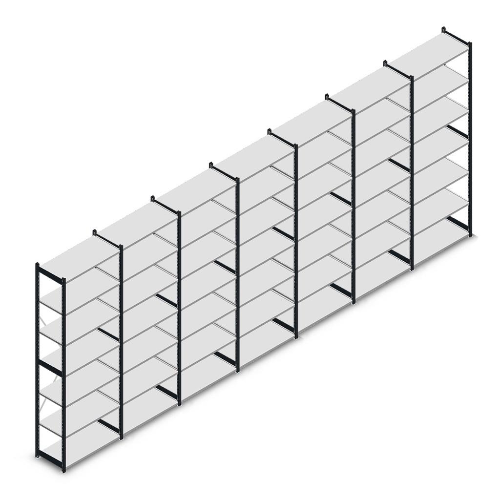 Voordeelrij gebruikte Bruynzeel legbordstelling 2630x4530x375mm (hxbxd) 6 secties 7 niveaus