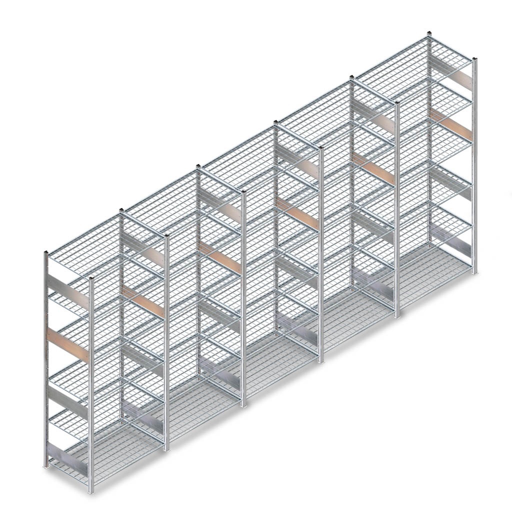 Voordeelrij gebruikte legbordstelling Meta 2300x6680x600mm (hxbxd) 5 secties 6 niveaus