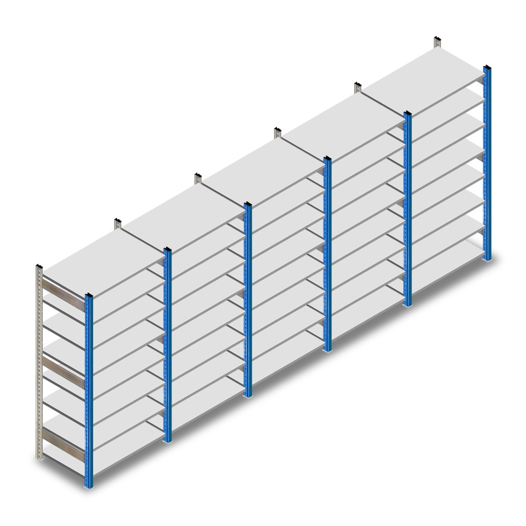 Voordeelrij gebruikte Schaefer R3000 legbordstelling 2280x5030x600mm (hxbxd) 5 secties 8 niveaus