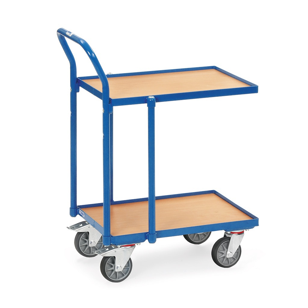 Eurobakken rolplateau 250 kg met 2 houten etages en duwbeugel 605x405