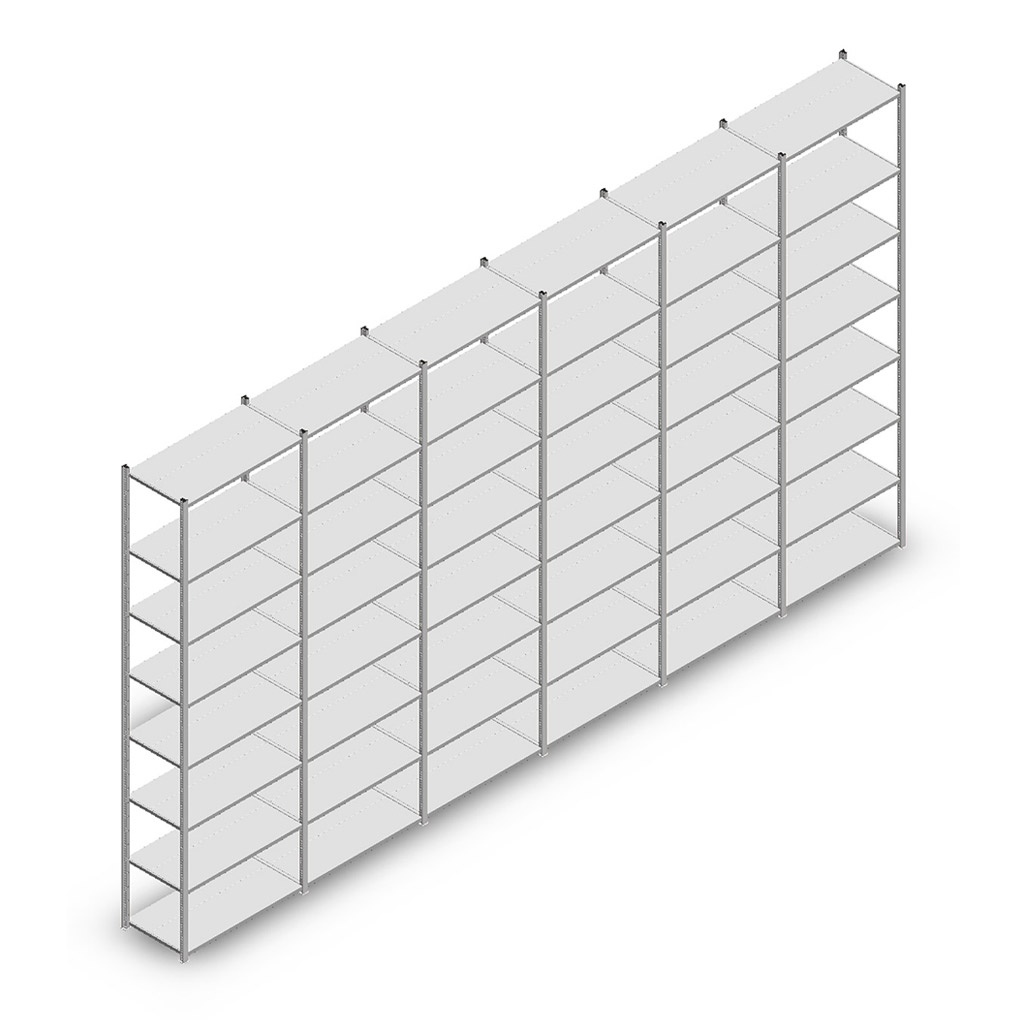 Voordeelrij deels gebruikte MD legbordstelling verzinkt 3000x7800x400mm (hxbxd) 6 secties 8 niveaus