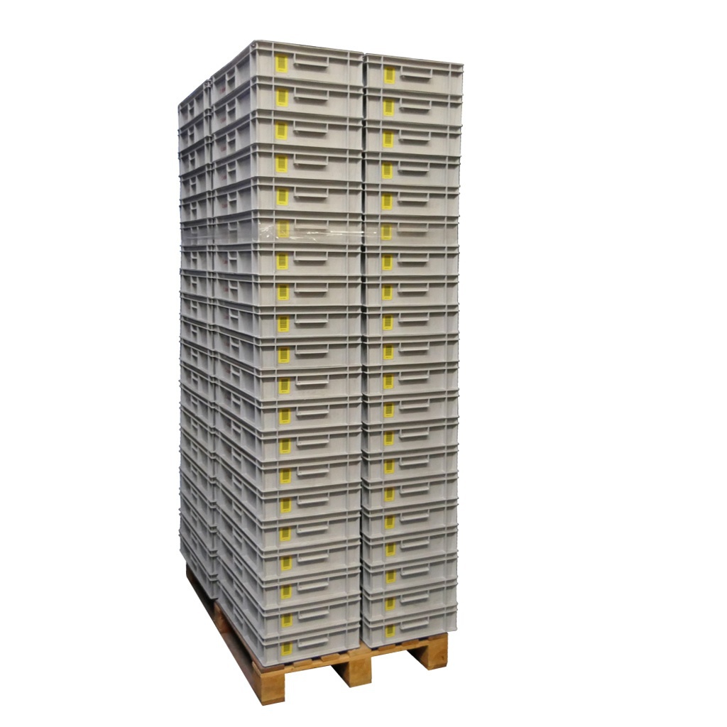 Gebruikte kunststof stapelbak, transportkrat 600x400x117mm (lxbxh) grijs met kartonnen doosjes (573536)