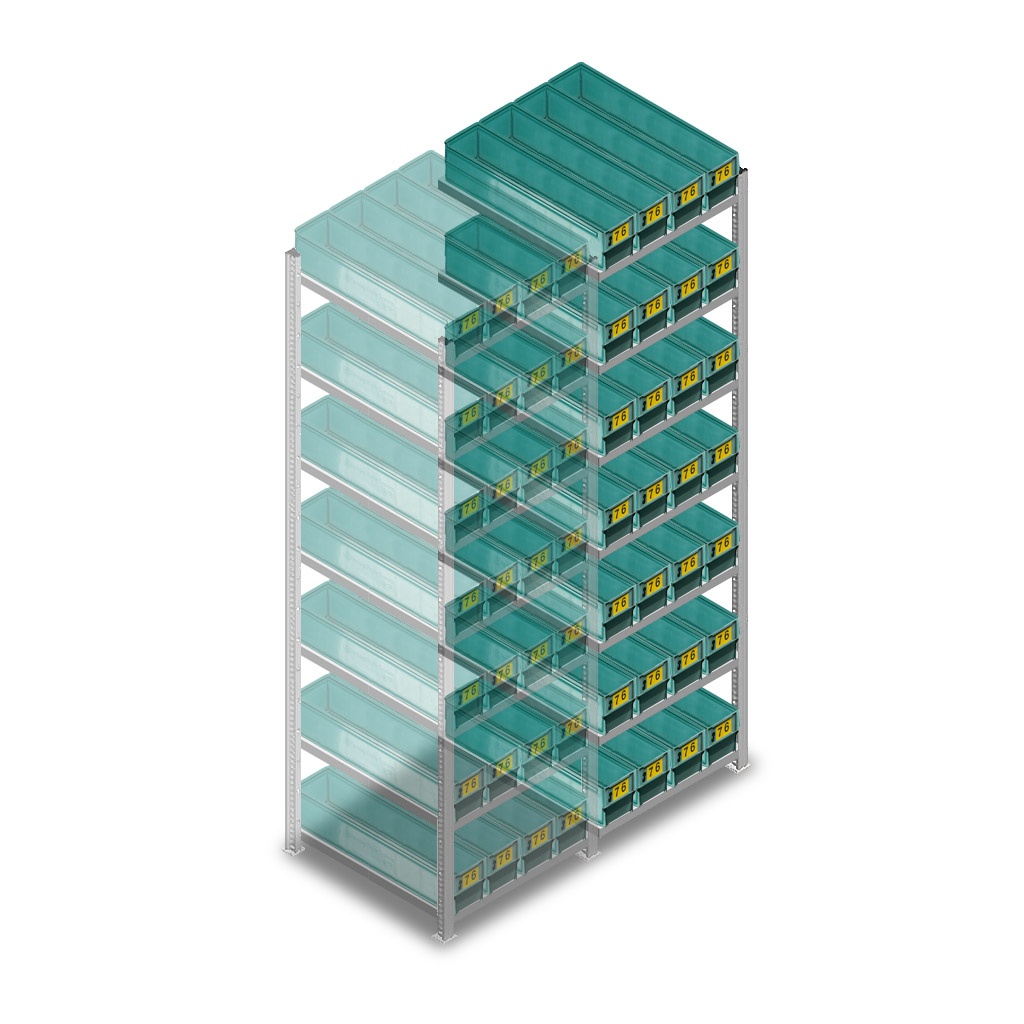Gebruikte legbordstelling Medium Duty met bakken 2000x550x600mm (hxbxd) 7 niveaus aanbouwsectie