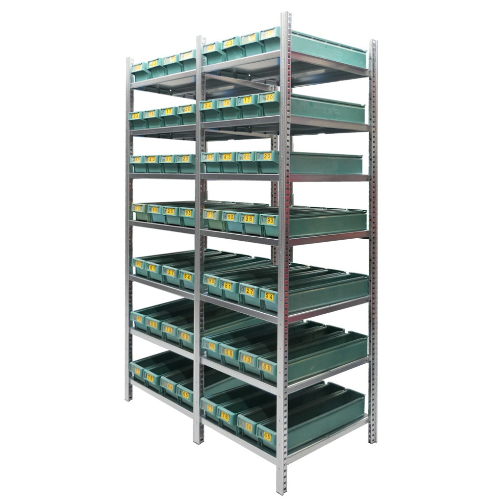 Gebruikte legbordstelling Medium Duty met bakken 2000x550x600mm (hxbxd) 7 niveaus aanbouwsectie