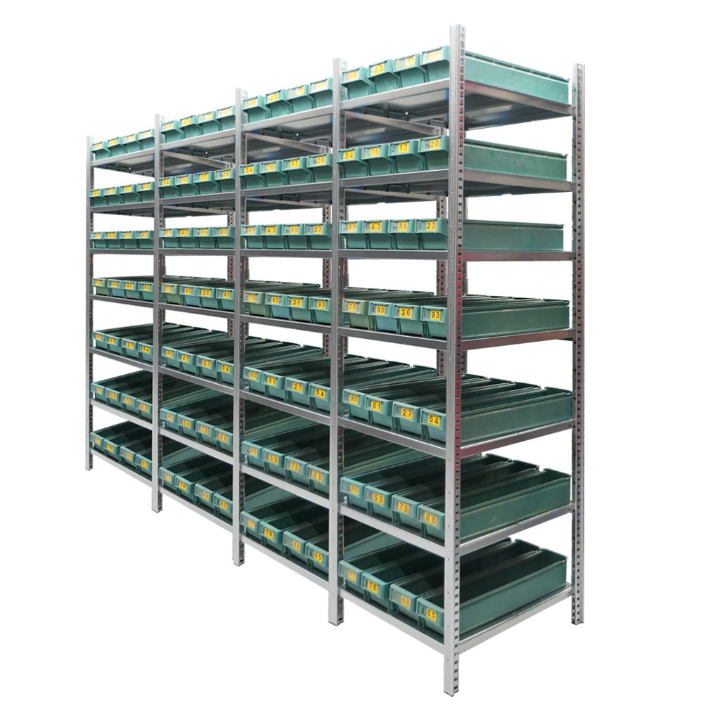 Gebruikte legbordstelling Medium Duty met bakken 2000x550x600mm (hxbxd) 7 niveaus aanbouwsectie