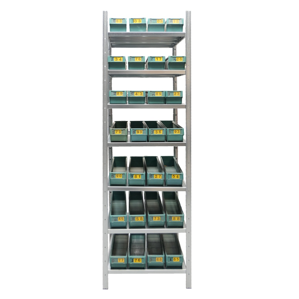 Gebruikte legbordstelling Medium Duty met bakken 2000x550x600mm (hxbxd) 7 niveaus aanbouwsectie