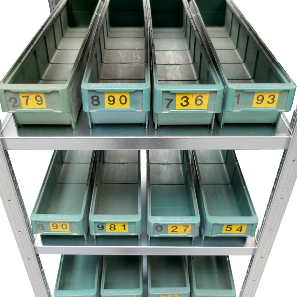 Gebruikte legbordstelling Medium Duty met bakken 2000x550x600mm (hxbxd) 7 niveaus aanbouwsectie