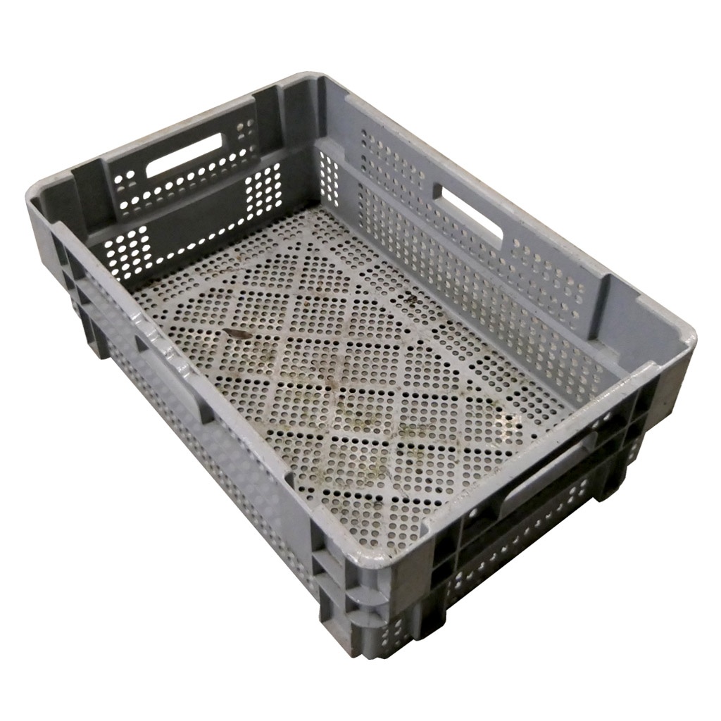 Gebruikte nestbare kunststof stapelbak, transportkrat geperforeerd 600x400x190mm (lxbxh) grijs