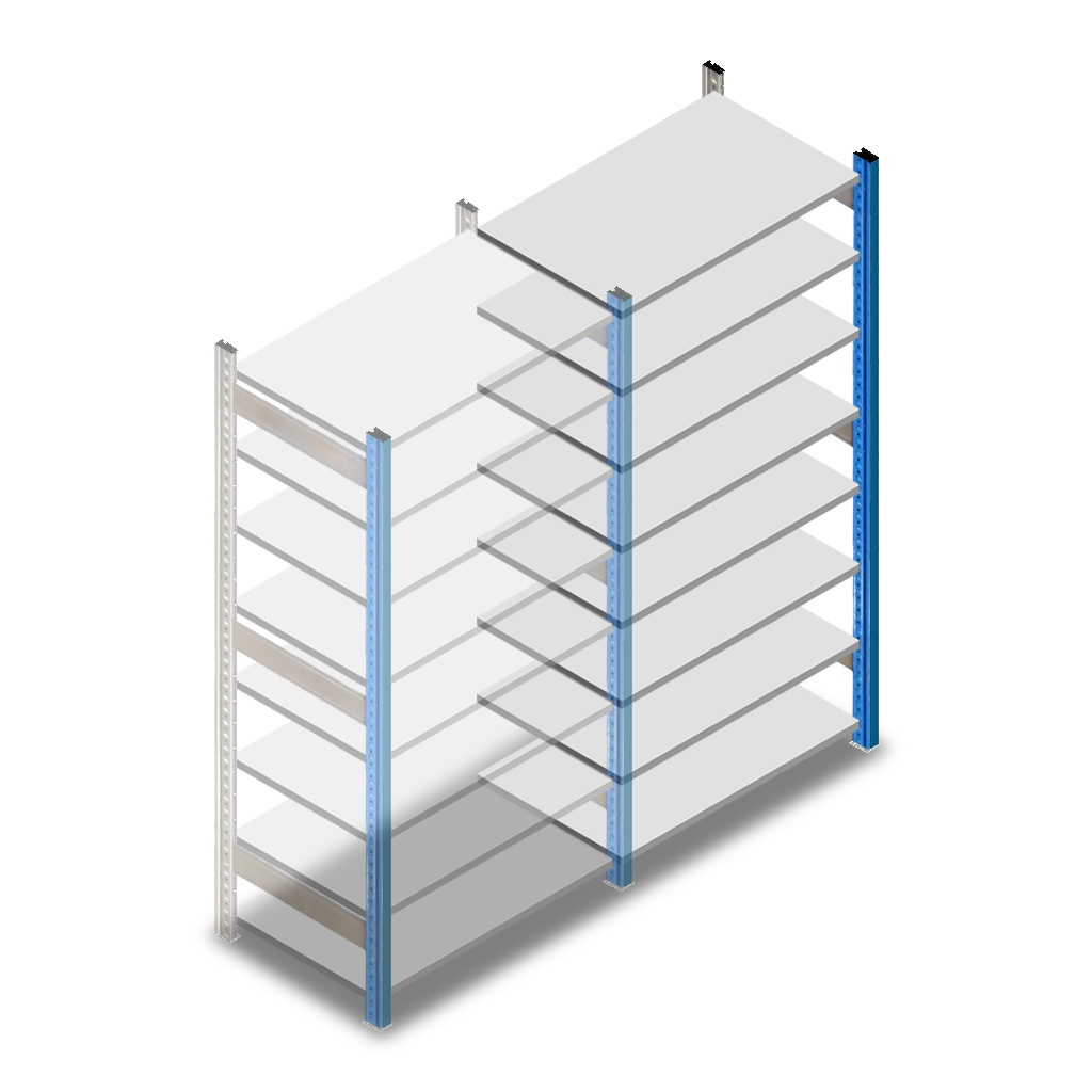 Gebruikte Schaefer R3000 legbordstelling 2280x970x600mm (hxbxd) 8 niveaus aanbouwsectie