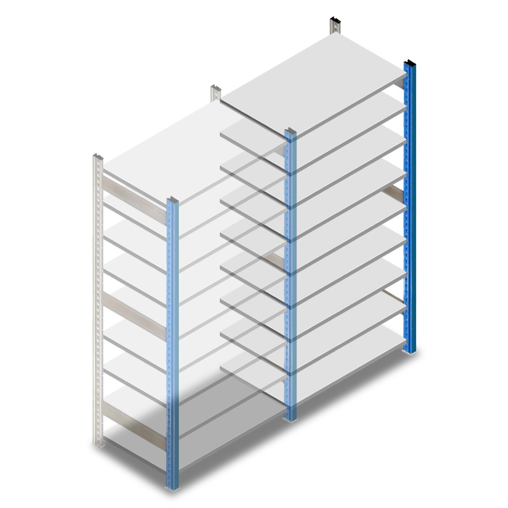 Gebruikte Schaefer R3000 legbordstelling 2500x970x600mm (hxbxd) 9 niveaus aanbouwsectie