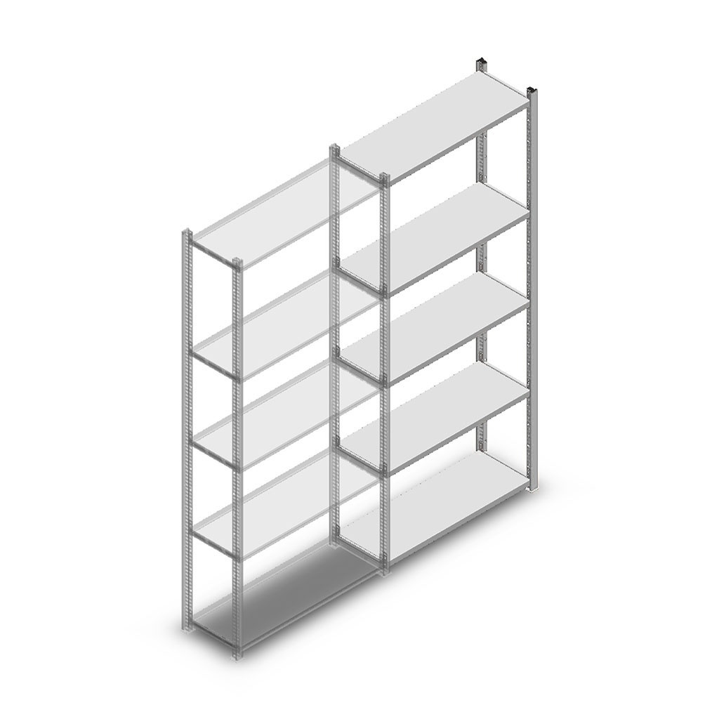 Legbordstelling Light Duty 2000x850x300, 5 niveaus metaal verzinkt, 60 kg aanbouwsectie
