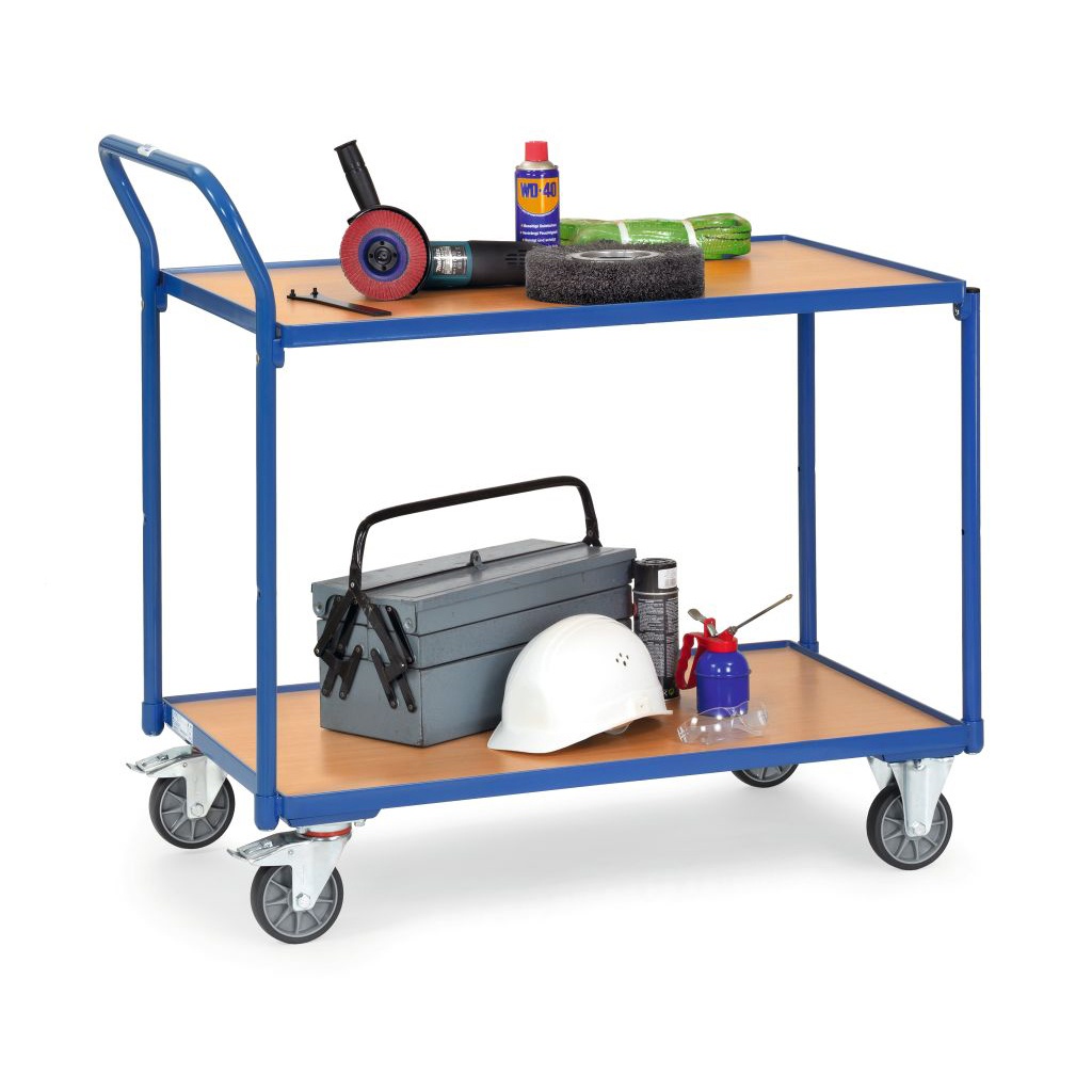 Lichte tafelwagen, transportkar 300 kg met 2 houten etages en opstaande duwbeugel 1000x600