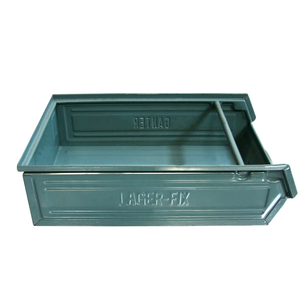 Gebruikte metalen stapelbak, magazijnbak 450x320x145