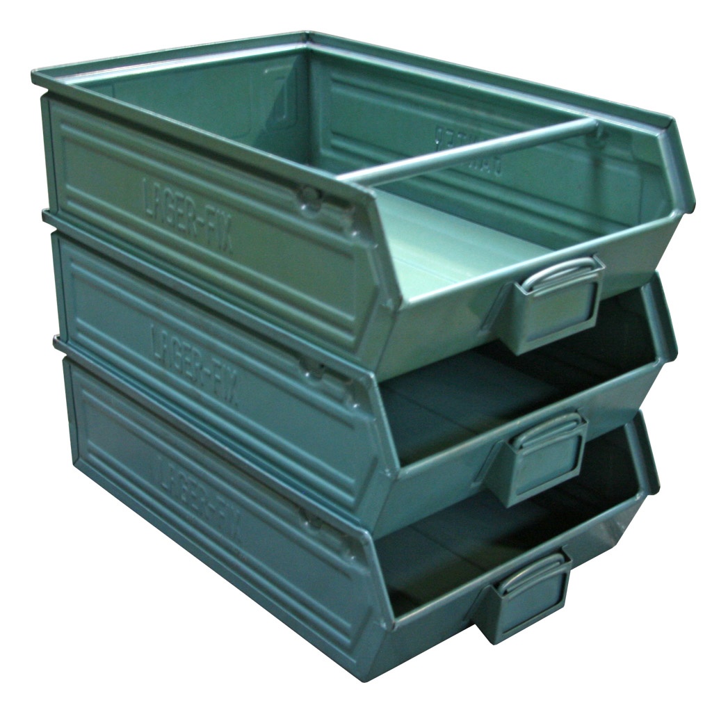 Gebruikte metalen stapelbak, magazijnbak 450x320x145