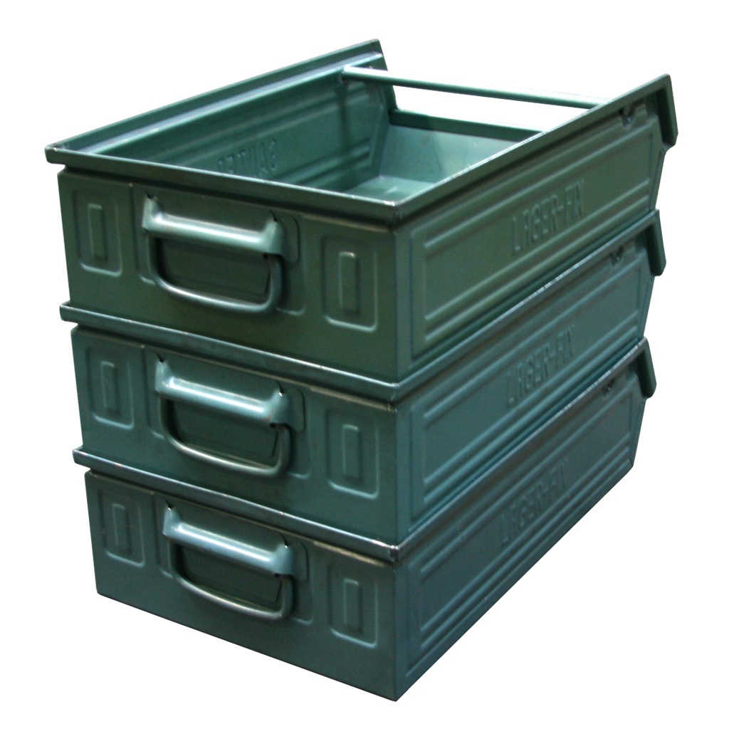 Gebruikte metalen stapelbak, magazijnbak 450x320x145