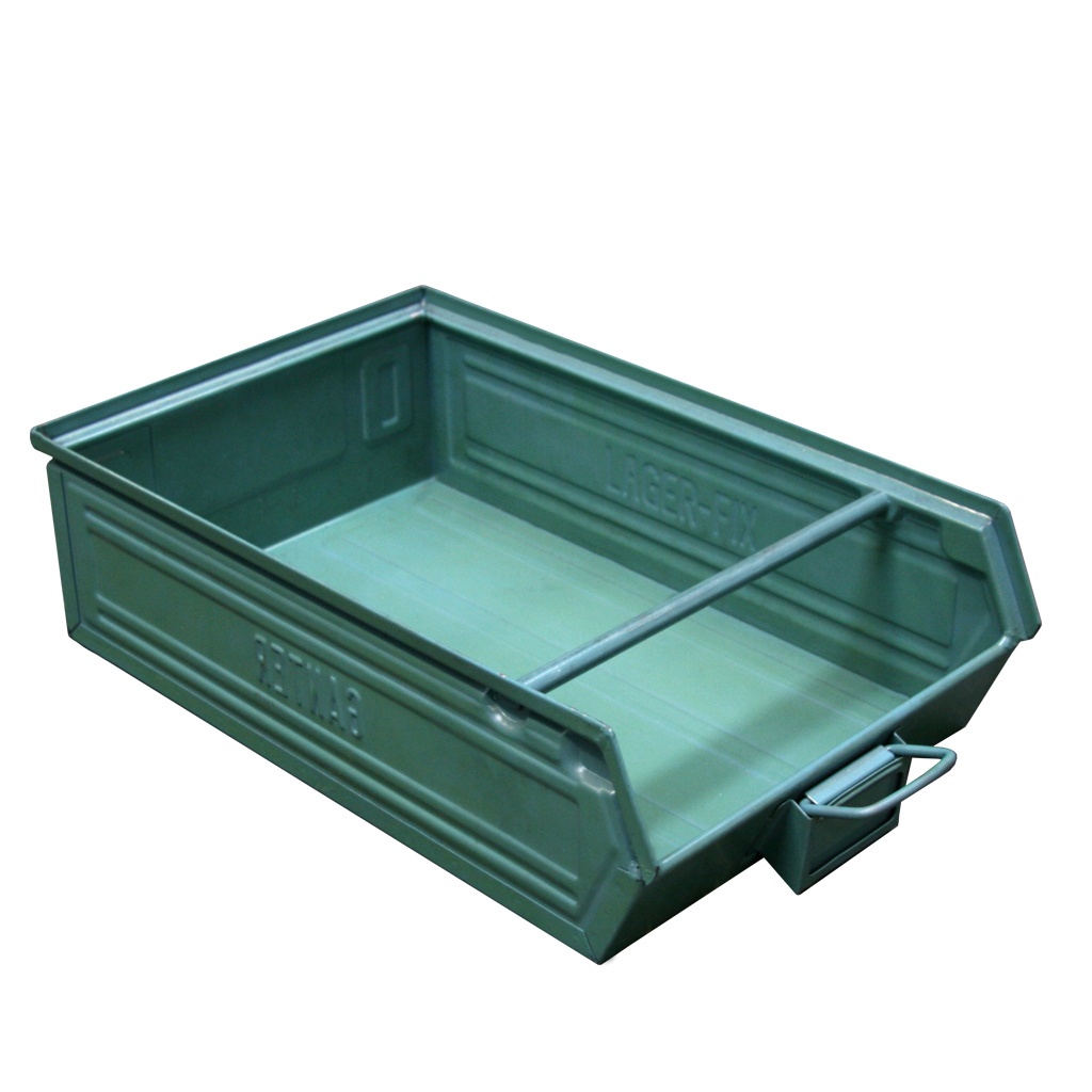 Gebruikte metalen stapelbak, magazijnbak 450x320x145