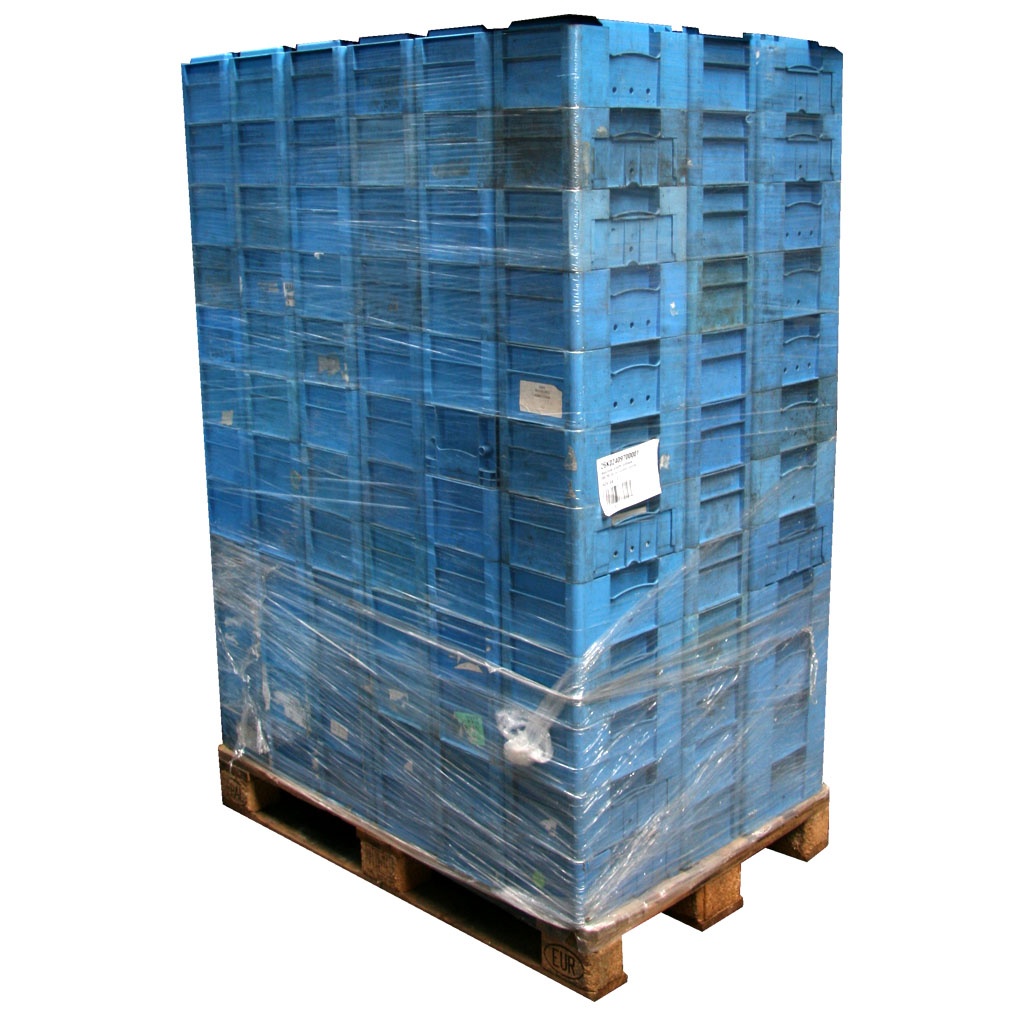 Palletaanbieding 96 gebruikte kunststof stapelbakken, kratten 300x200x150 lichtblauw