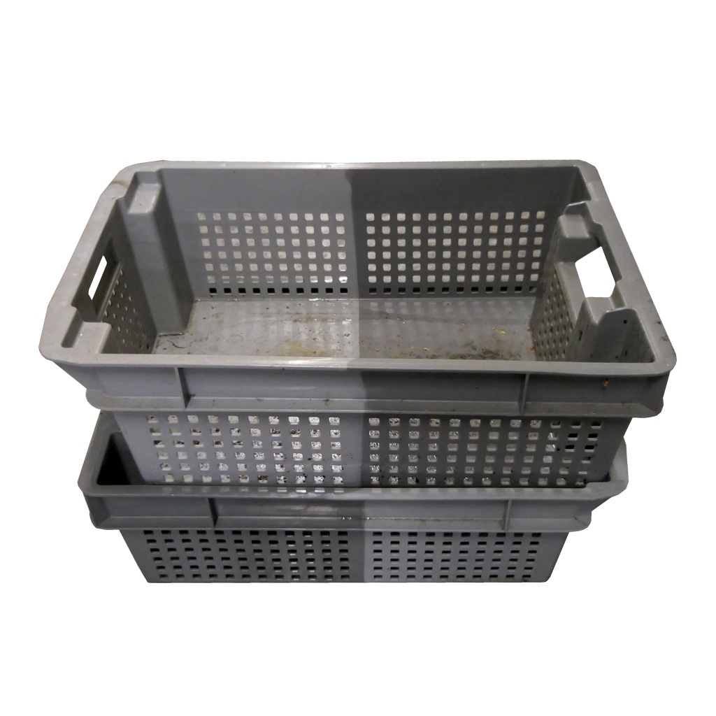 Palletaanbieding 54 gebruikte nestbare kunststof stapelbak, transportkrat geperforeerd 600x400x200mm (lxbxh) grijs