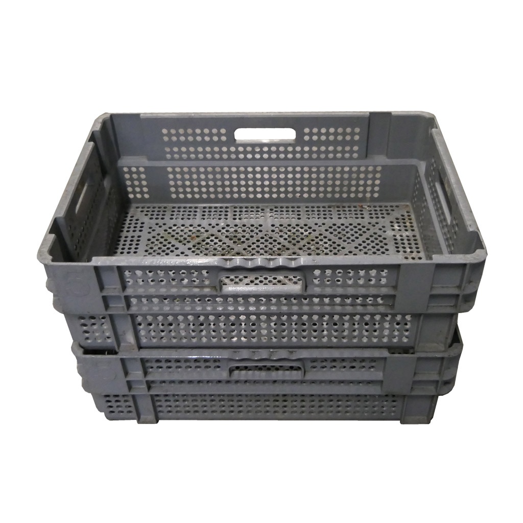 Palletaanbieding 56 gebruikte nestbare kunststof stapelbak, transportkrat geperforeerd 600x400x190mm (lxbxh) grijs