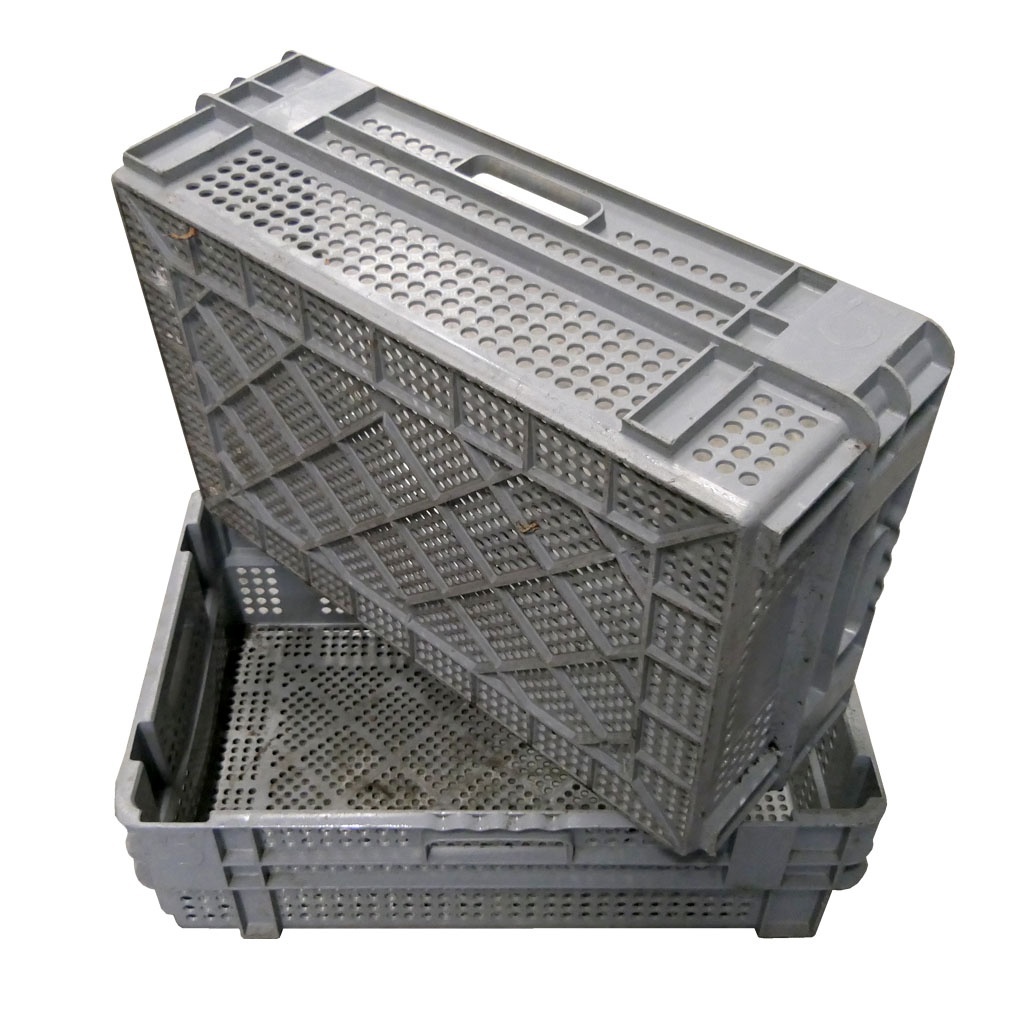 Palletaanbieding 56 gebruikte nestbare kunststof stapelbak, transportkrat geperforeerd 600x400x190mm (lxbxh) grijs
