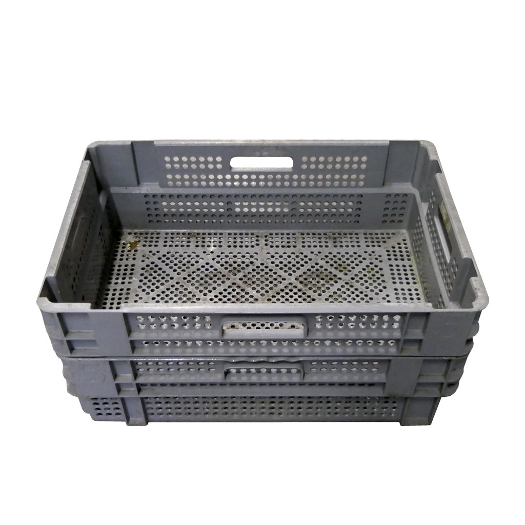 Palletaanbieding 56 gebruikte nestbare kunststof stapelbak, transportkrat geperforeerd 600x400x190mm (lxbxh) grijs