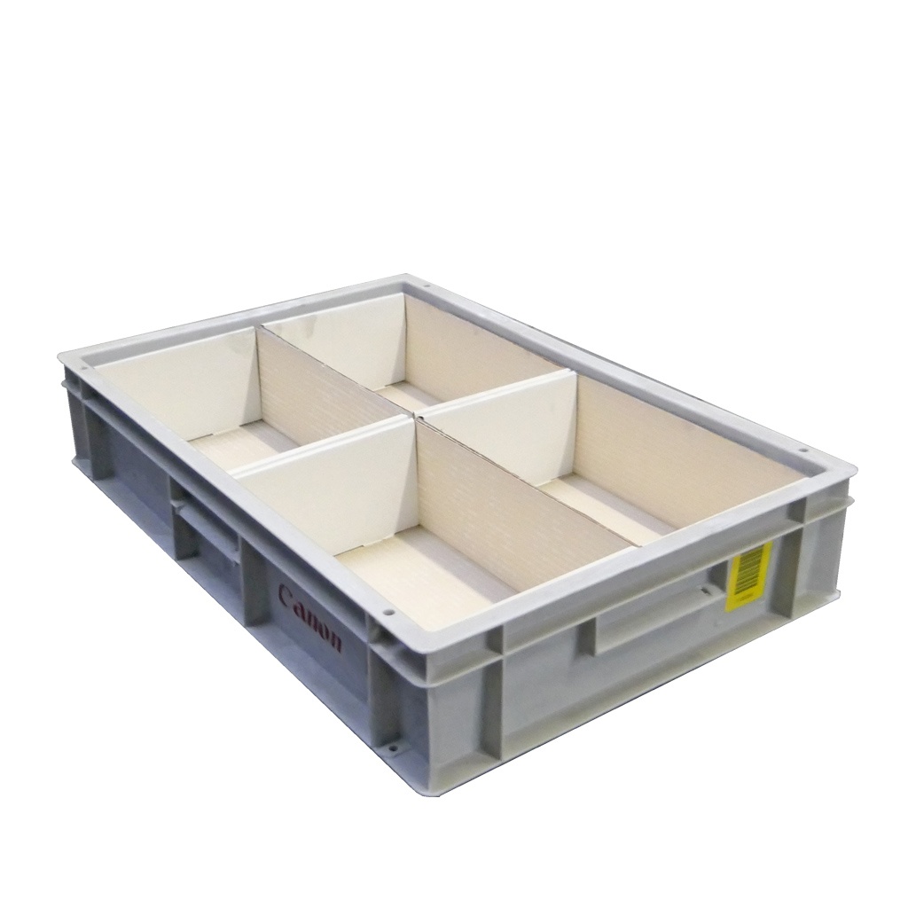 Palletaanbieding gebruikte kunststof stapelbak, transportkrat 600x400x117mm (lxbxh) grijs met kartonnen doosjes (573541)
