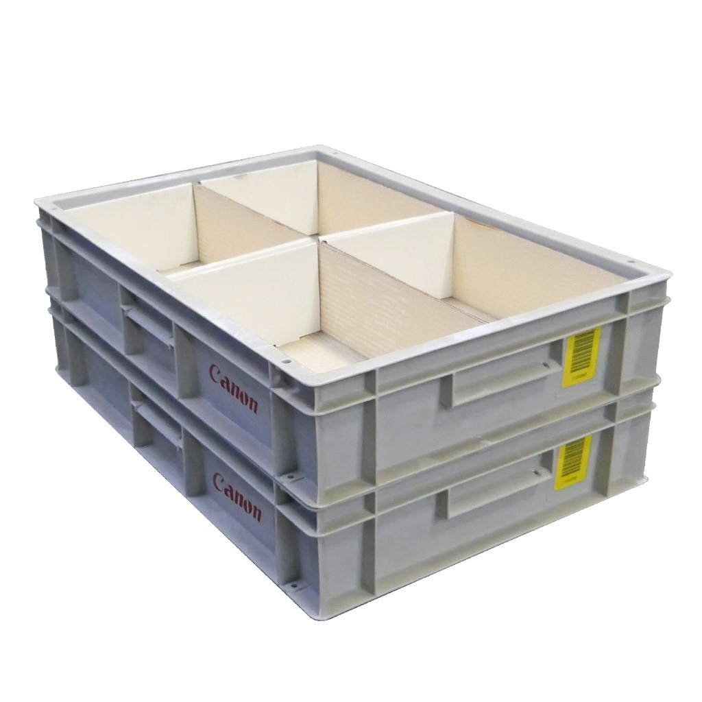Palletaanbieding gebruikte kunststof stapelbak, transportkrat 600x400x117mm (lxbxh) grijs met kartonnen doosjes (573541)