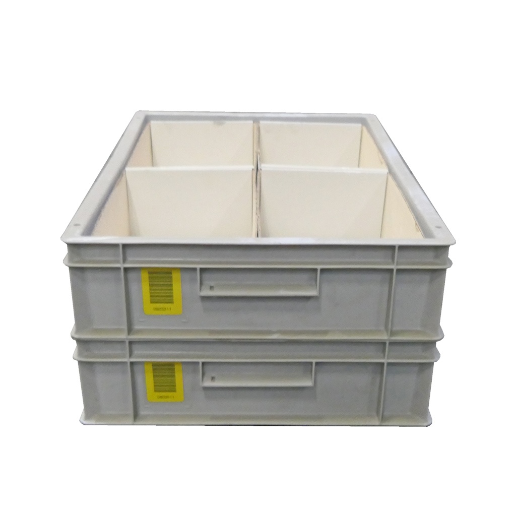 Palletaanbieding gebruikte kunststof stapelbak, transportkrat 600x400x117mm (lxbxh) grijs met kartonnen doosjes (573541)