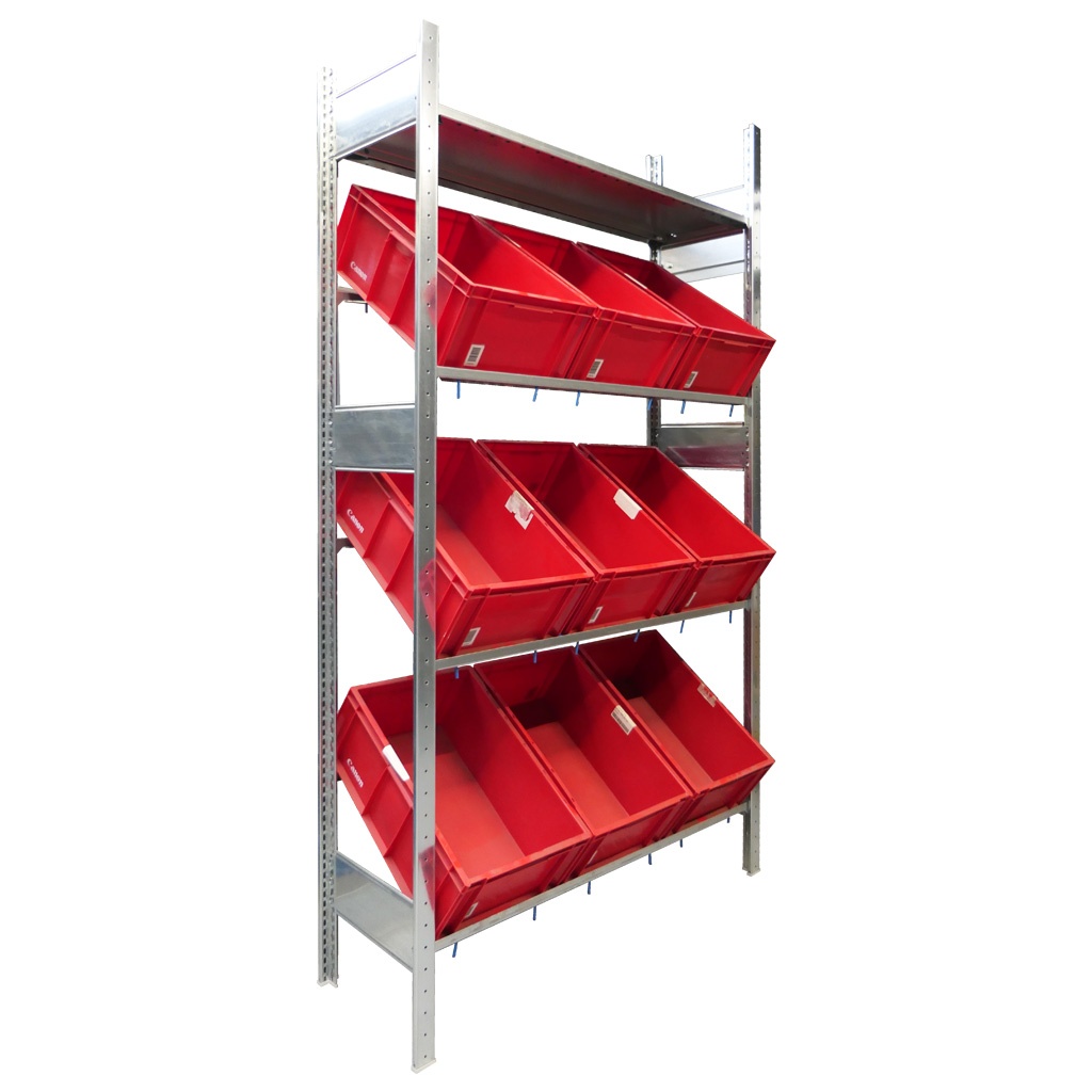 Voordeelrij bakkenstelling HD met 3 niveaus bakken en 1 niveau legbord 2500x5200x400mm (hxbxd) 4 secties