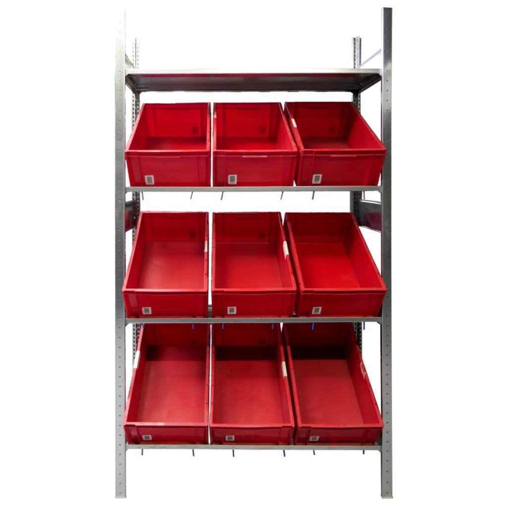 Voordeelrij bakkenstelling HD met 3 niveaus bakken en 1 niveau legbord 2500x5200x400mm (hxbxd) 4 secties