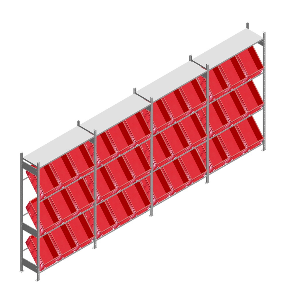 Voordeelrij bakkenstelling HD met 3 niveaus bakken en 1 niveau legbord 2500x5200x400mm (hxbxd) 4 secties