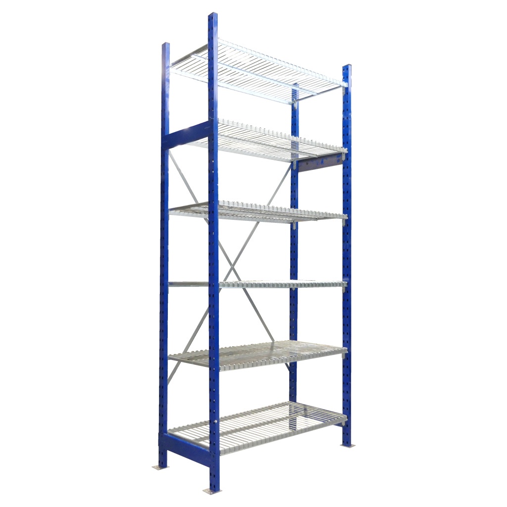 Voordeelrij gebruikte Bosal legbordstelling Blauw/verzinkt 2300x5000x500 6niveaus - 5 secties Gebruikt