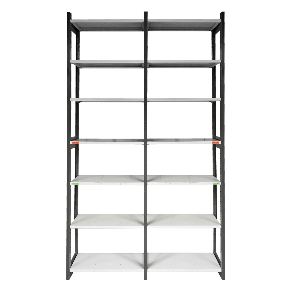 Voordeelrij gebruikte Bruynzeel legbordstelling 2630x4530x375mm (hxbxd) 6 secties 7 niveaus