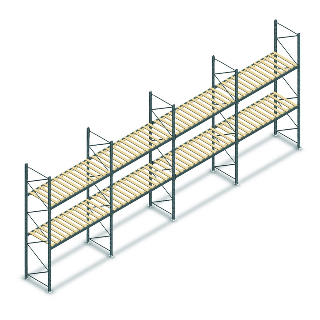 Voordeelrij gebruikte Hovuma palletstelling 2550x11300x900mm (hxbxd) - 4 secties 2 niveaus incl. vlonders