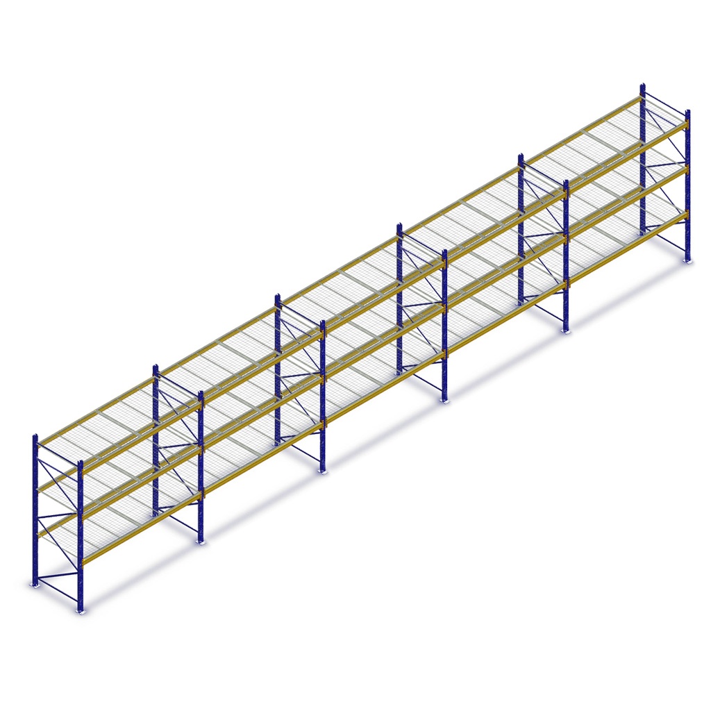 Voordeelrij gebruikte JH Esmena palletstelling 3000x10100x1100mm (hxbxd) - 5 secties 3 niveaus + grijze draadroosters