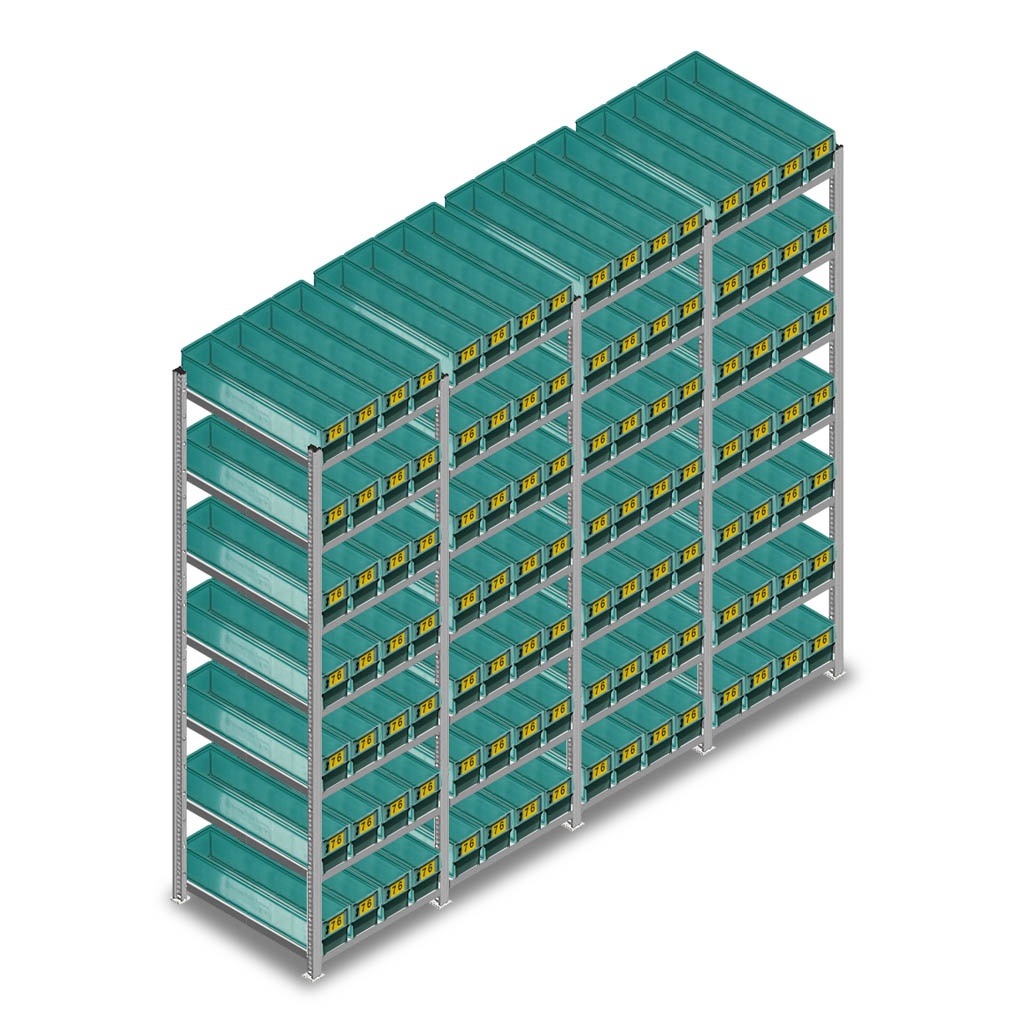Voordeelrij gebruikte legbordstelling Medium Duty met bakken 2000x2200x600mm (hxbxd) 4 secties 7 niveaus
