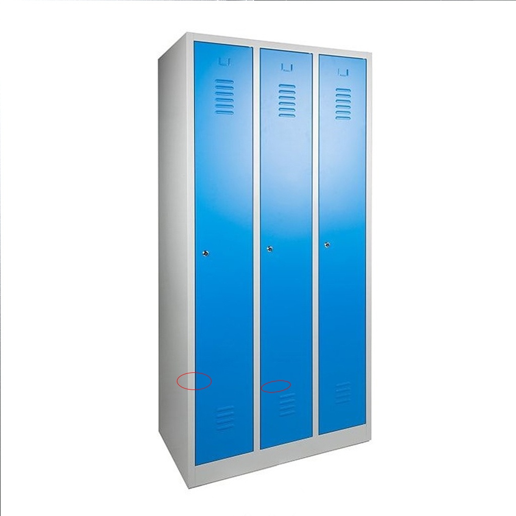 3-deurs garderobekast 1800x890x500 mm (hxbxd) blauw op sokkel sleufventilatie cilinderslot - schade