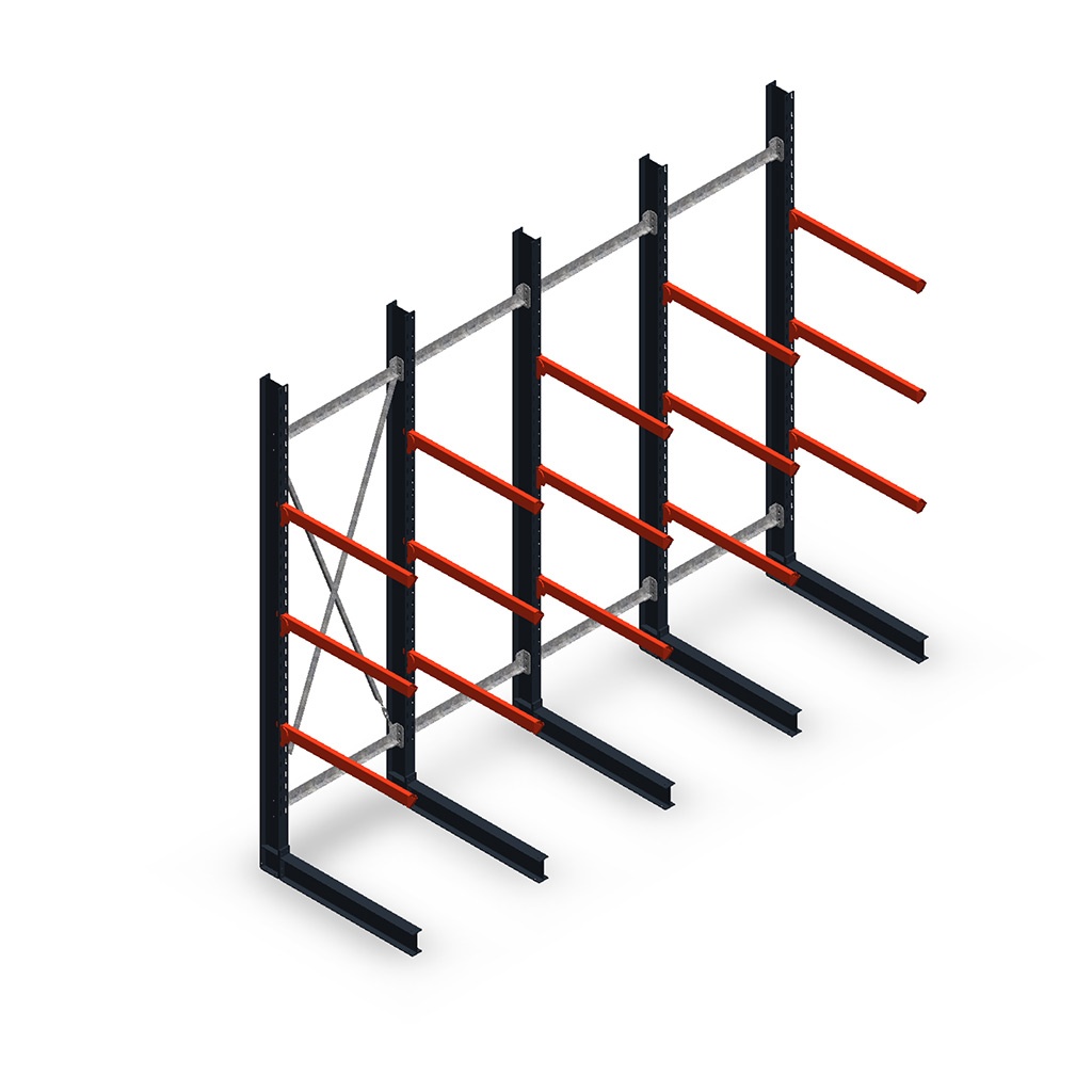Voordeelrij zware draagarmstelling enkelzijdig 4000x4890 mm (hxb) armlengte 1200 mm - 3 niveaus Voordeelrij zware draagarmstelling enkelzijdig 4000x4890 mm (hxb) armlengte 1200 mm - 3 niveaus