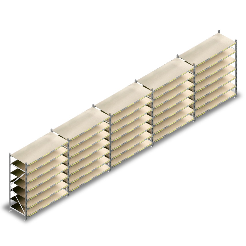 Voordeelrij deels gebruikte grootvakstelling Meta 2500x9280x800mm (hxbxd) verzinkt - 5 secties 7 niveaus
